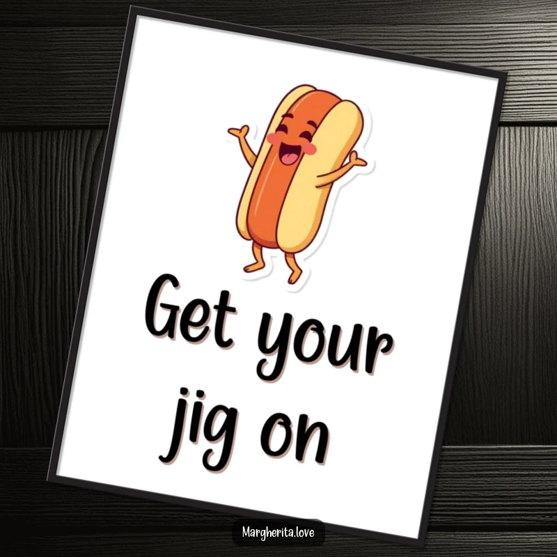 Funny poster featuring a goofy hot dog character doing a silly jig, adding a vibrant and comical element to wall decor.