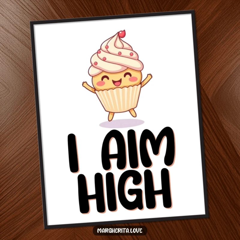 Funny poster print of a cheerful cupcake with frosting, gleefully bouncing a small ball, radiating sweet fun.