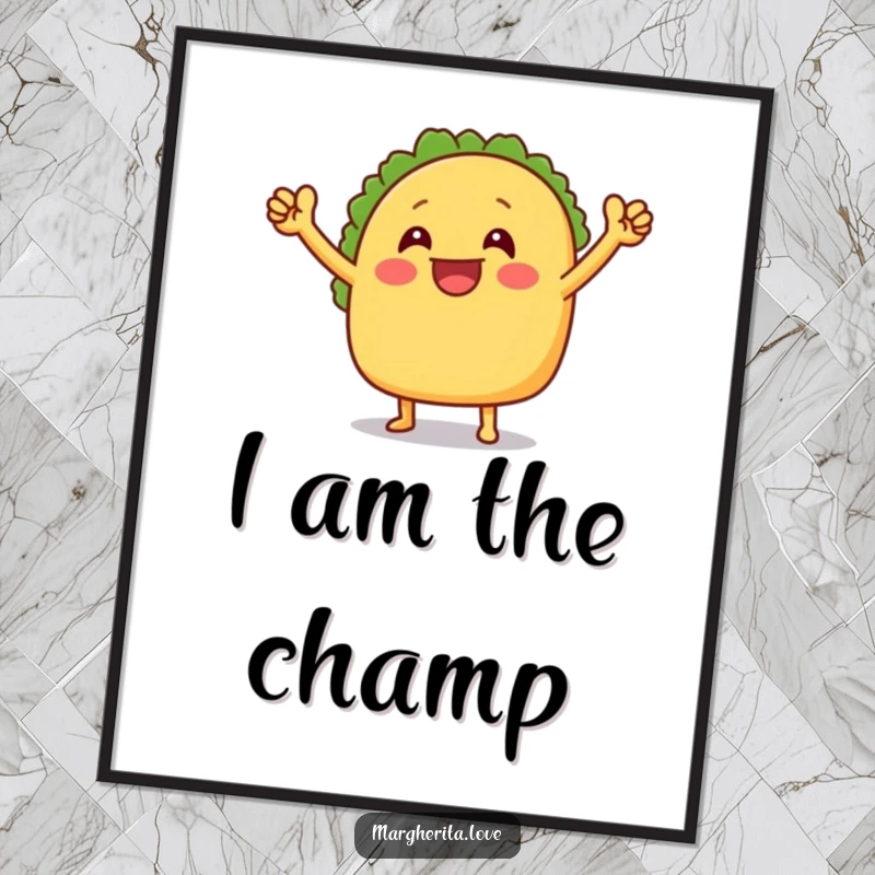 Funny poster print of a grinning taco with its arms up, performing an energetic victory dance, bringing joy to walls.