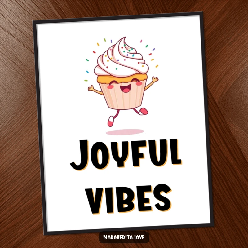 Funny cupcake poster print of a cheerful cupcake character skipping with a trail of colorful sprinkles flying behind.