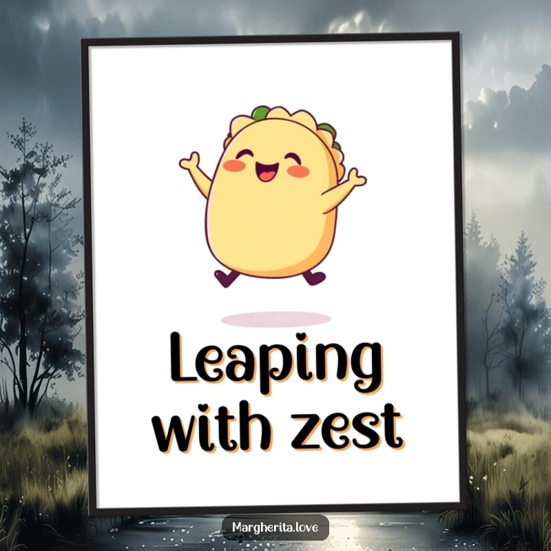 Funny happy taco jump poster, featuring a plump, joyful taco leaping, bringing zesty energy to walls.