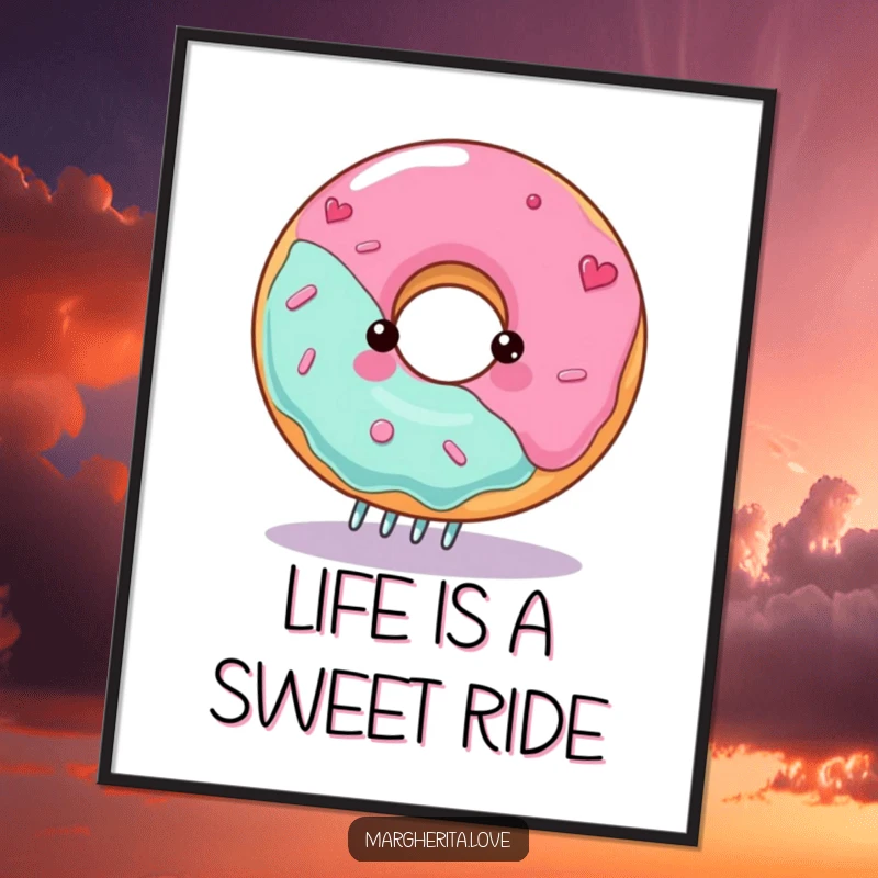 Funny spinning donut poster showing a gleeful character on a fork, perfect for kitchen or bakery decor.