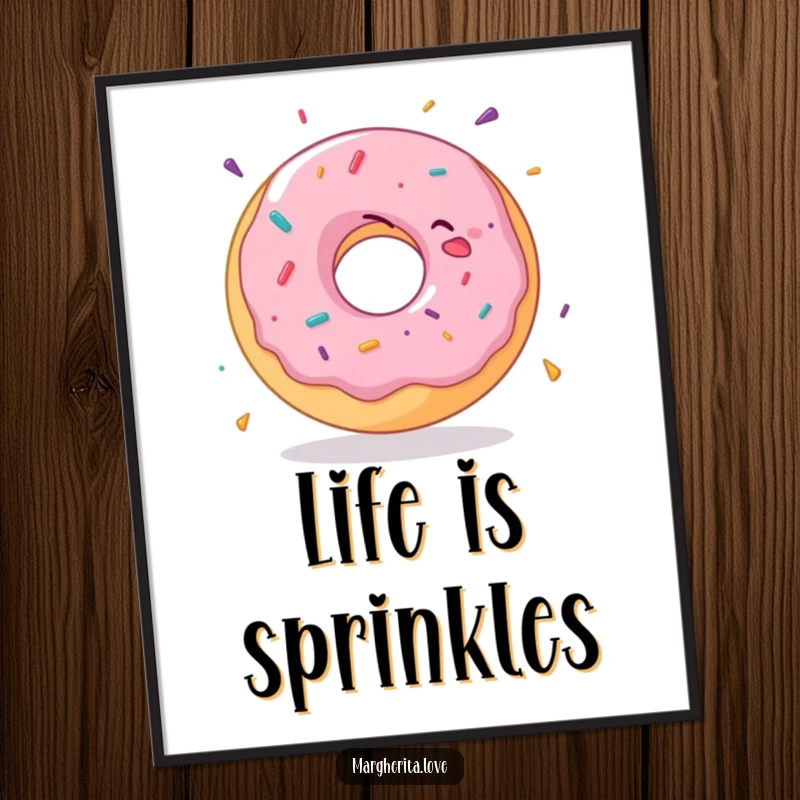 Funny donut poster depicting a delighted donut in a dynamic, joyful spin, adding a splash of fun to any wall.