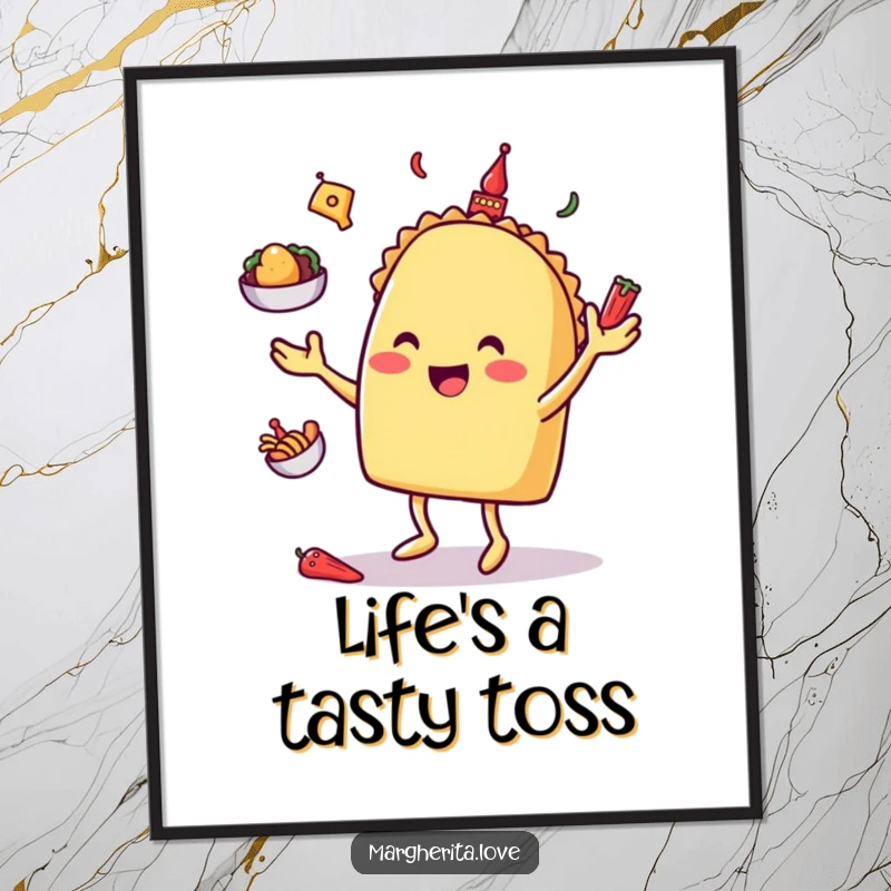 Happy taco character skillfully juggling miniature toppings, presented as a humorous and festive wall poster.