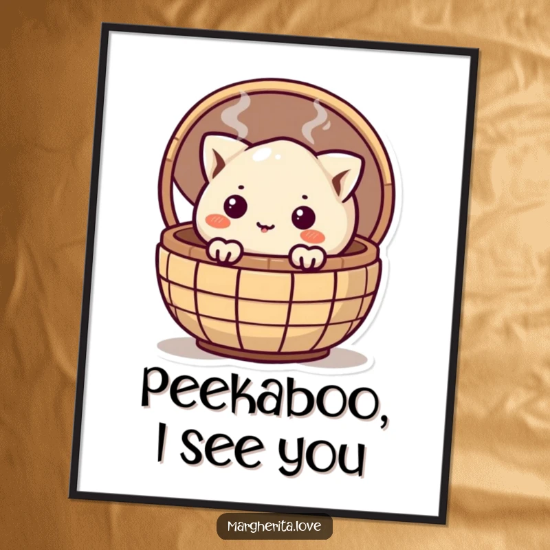 Funny curious dumpling peeking from a steaming basket, depicted in a humorous poster perfect for adding personality.