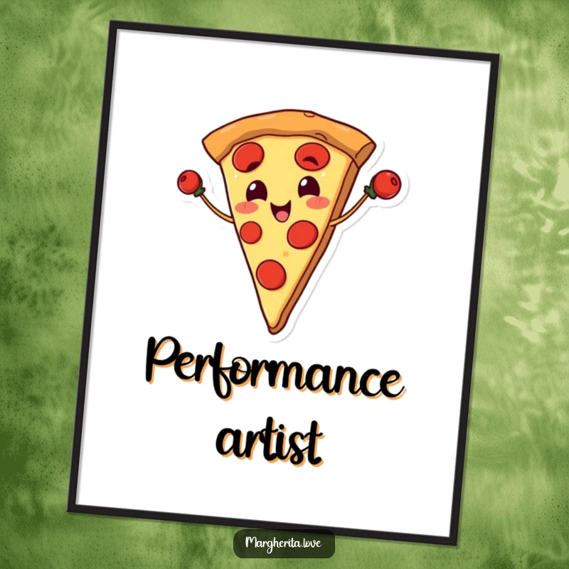 Funny poster art of a smiling pizza slice juggling pepperoni, depicting a humorous and delicious culinary scene.