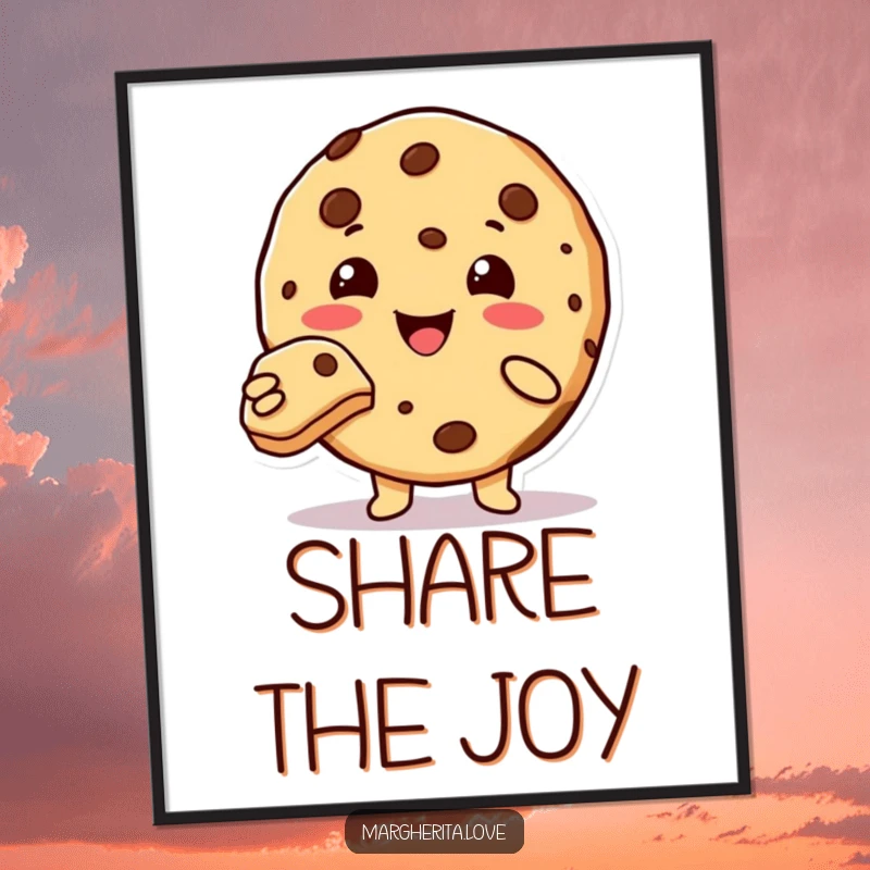 Funny cute cookie character offering a bite, whimsical wall art.