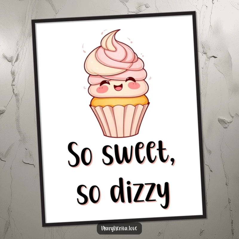 Funny poster of a playful cupcake with colorful frosting hair, spinning with excitement, creating a delightful visual treat.