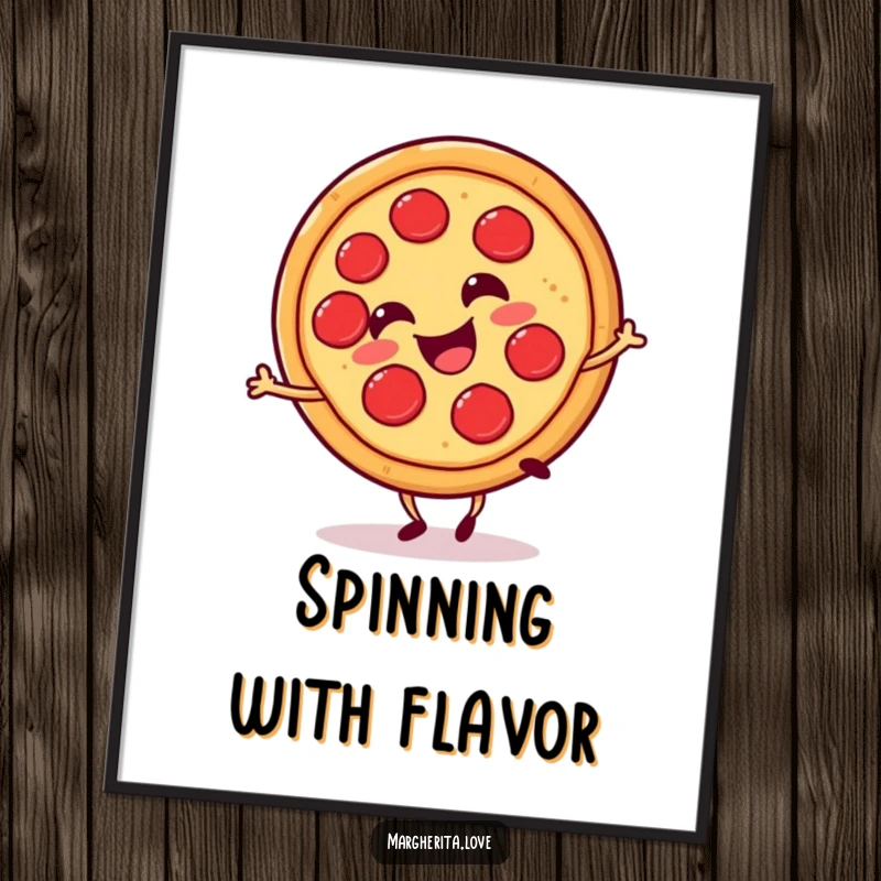 Funny pizza slice cartwheel poster, featuring a smiling, cartwheeling pizza slice, bringing delicious joy to walls.