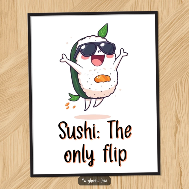 Funny poster of a delighted sushi piece wearing sunglasses, performing an impressive backflip, bringing dynamic energy to the art.