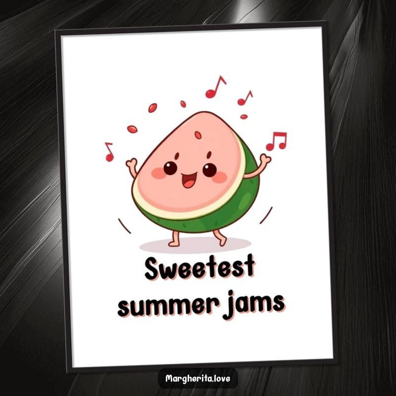 Funny poster: A slice of watermelon dances to music, seeds playfully popping out, a vibrant and groovy piece of art.