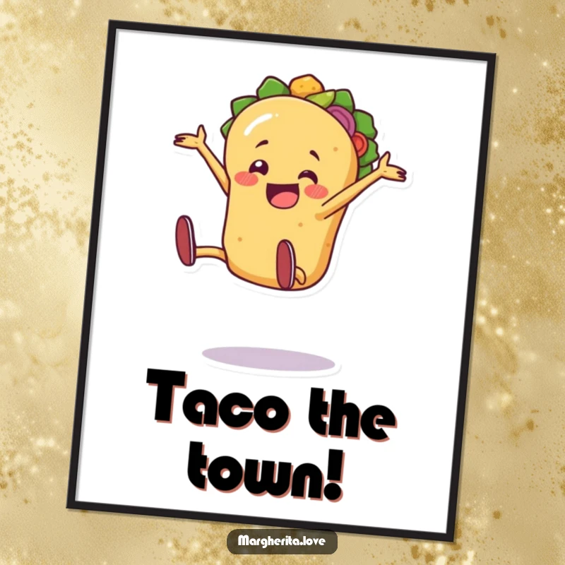 Jaunty taco person doing an excited cartwheel, creating a vibrant taco art print poster.