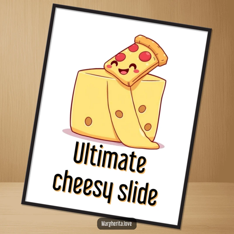 Smiling pizza slice sliding down a gooey cheese strand, creating a fun pizza art print poster.