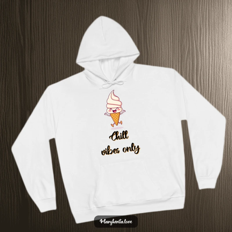 Funny ice cream hoodie featuring a happy, skipping ice cream cone, offering warmth and a dose of sweet cheer.