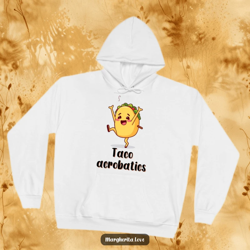 Funny hoodie featuring a delighted taco character performing an energetic cartwheel, designed for ultimate comfort and fiesta humor.