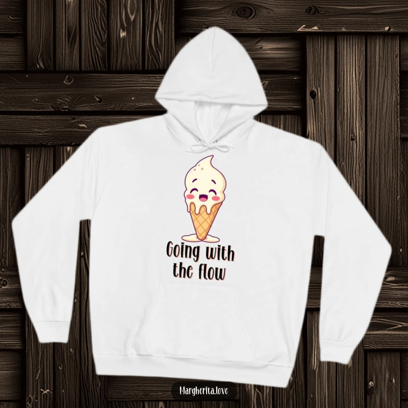 Funny ice cream cone hoodie with a surprised character melting happily, offering warmth and sweet charm.