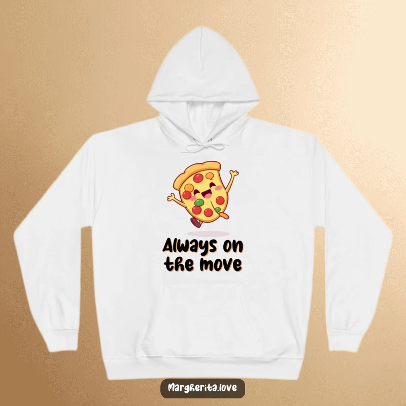 Funny pizza slice character doing a cartwheel, printed on a warm and humorous hoodie for ultimate comfort.