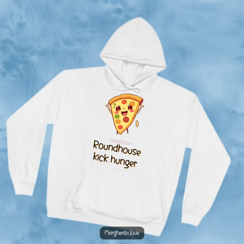 Funny hoodie design of a happy pizza slice with legs doing a cartwheel, bringing warmth and whimsical humor, funny gift.