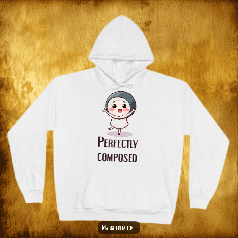 Smiling sushi roll character performing a pirouette, printed on a warm and humorous hoodie for stylish comfort.
