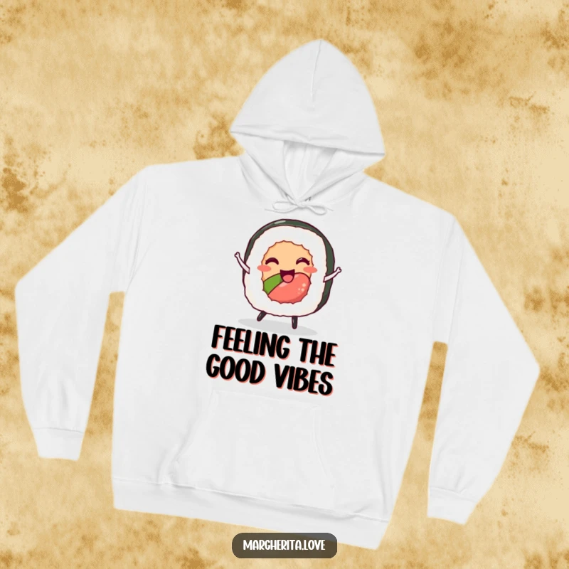 Funny sushi roll hoodie with a happy character dancing, offering warmth and a sense of playful joy.