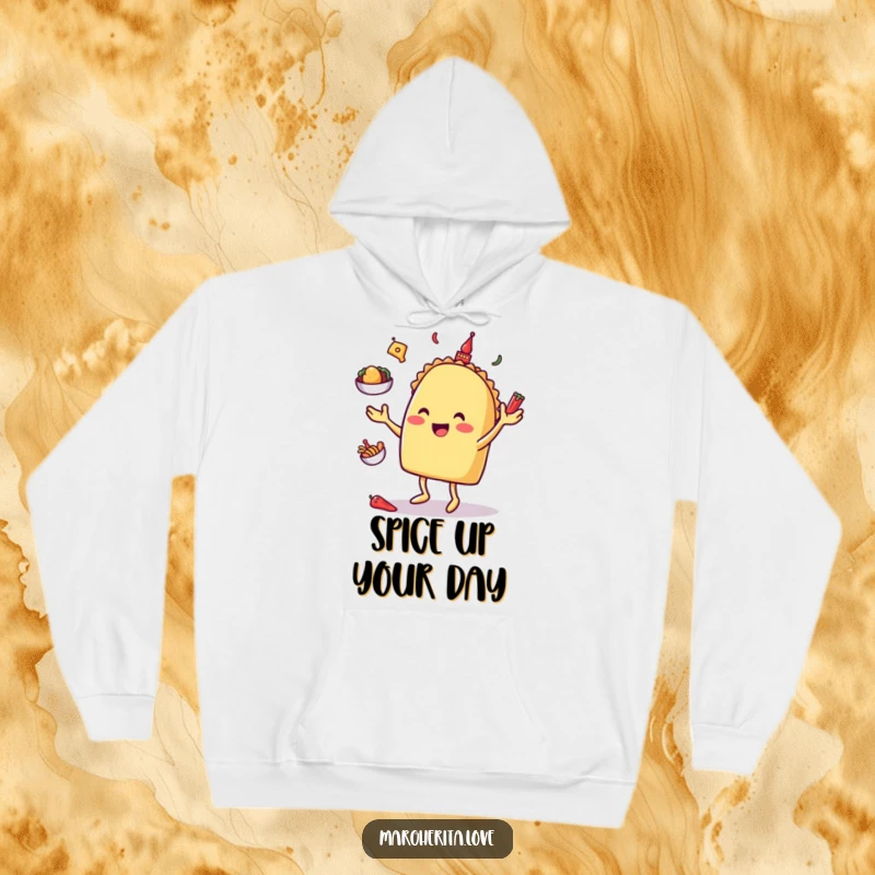 Funny taco character juggling toppings, printed on a warm and humorous hoodie for ultimate comfort and style.