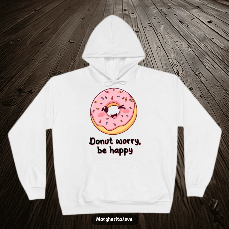 Funny Donut Hoodie featuring a winking sprinkled donut in a silly pose, offering warmth and a hefty dose of humor.