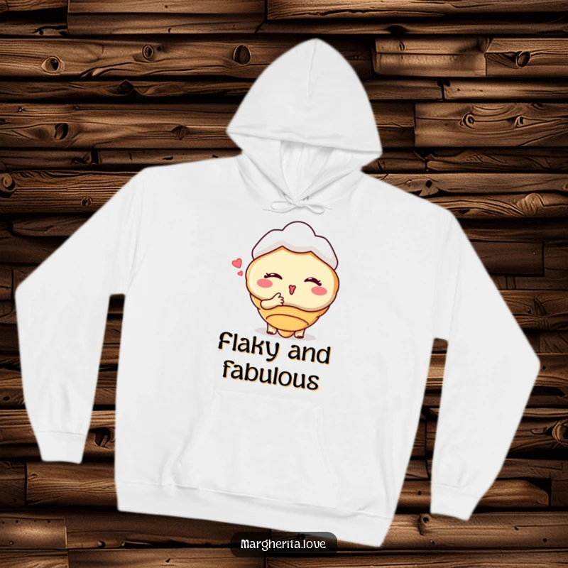 Funny hoodie featuring a winking croissant person blowing a kiss, offering warmth and a delightful dose of baked-good humor.