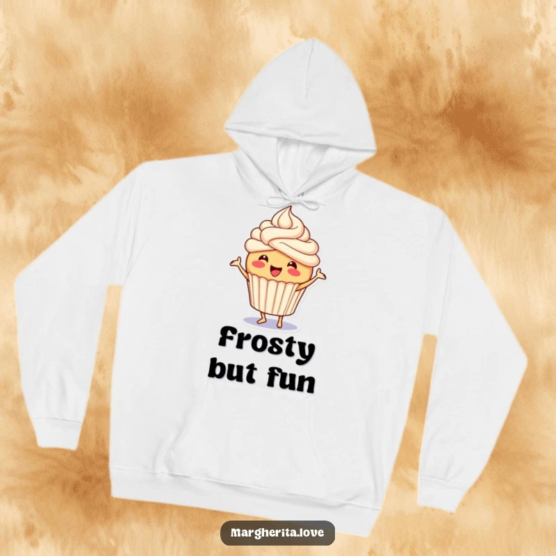 Funny cupcake hoodie showcasing a joyful character with frosting doing a little jig, providing warmth and a playful vibe.