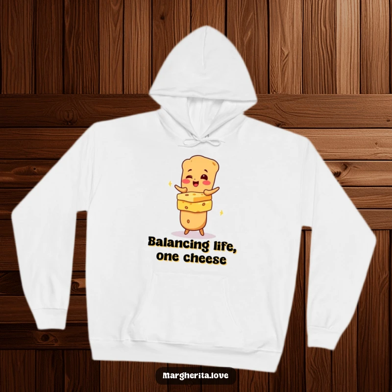 Funny giggling baguette character stacking cheese, featured on a cozy hoodie for ultimate comfort and comedic effect.