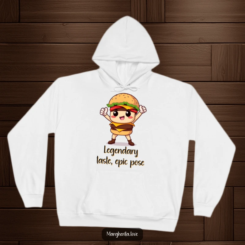 Funny proud burger striking a heroic pose, featured on a cozy hoodie for ultimate warmth and comic-book inspired fun.