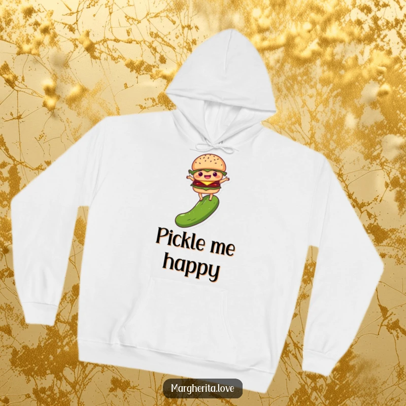 Funny hoodie featuring a delighted burger person balancing on a pickle, offering warm, humorous, and food-themed comfort.