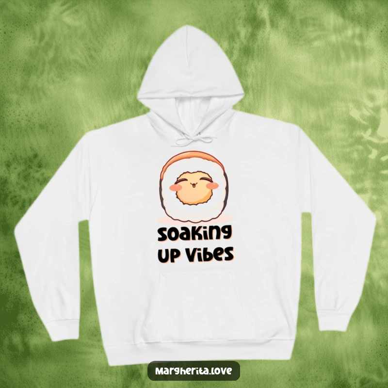 Funny contented sushi roll hoodie, featuring a serene sushi roll character enjoying warmth, perfect for cozy, peaceful moments.