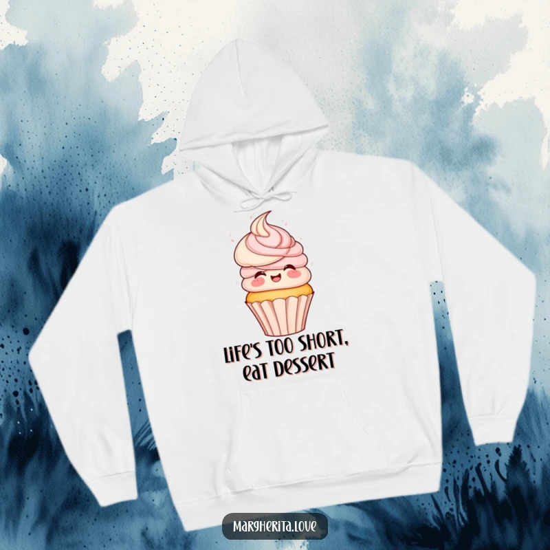 Funny hoodie depicting a playful cupcake with swirly frosting hair, spinning with excitement, a delightful treat for the eyes.