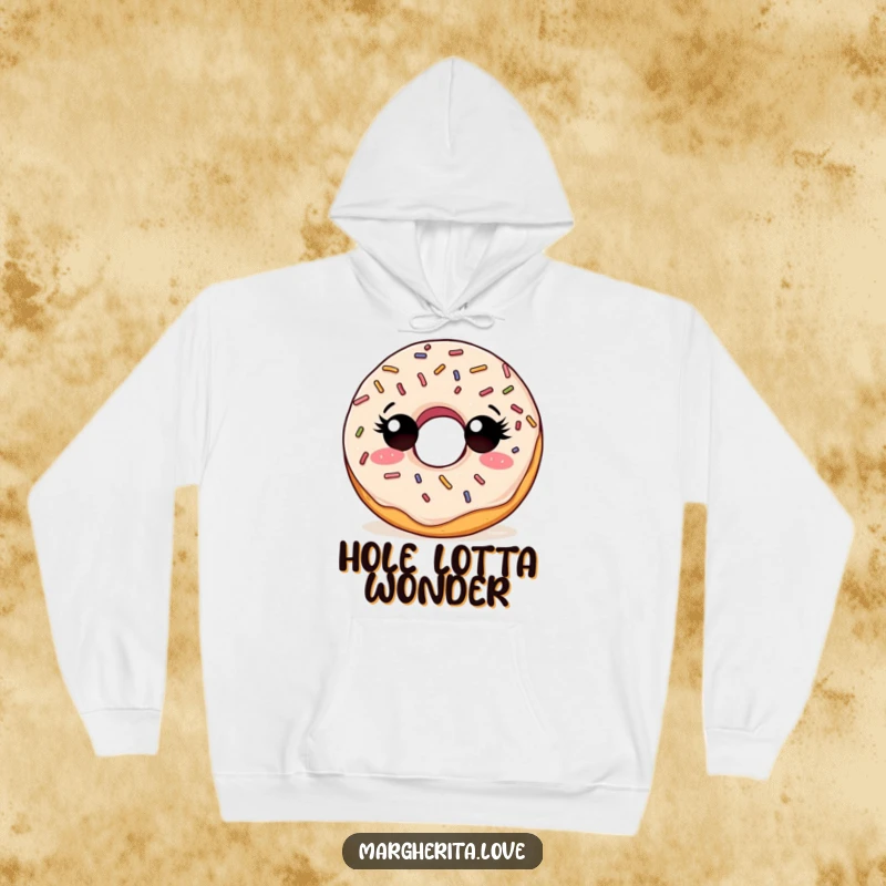 Funny hoodie featuring a curious doughnut with sprinkles, looking around with an adventurous spirit.