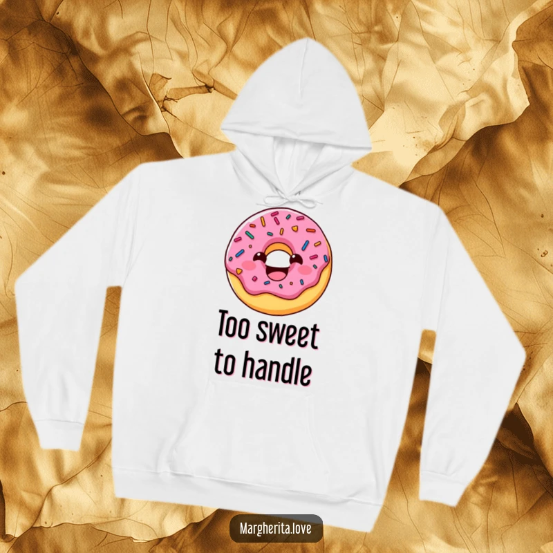 Funny donut hoodie featuring a charming character with sprinkles, sporting a wide, happy grin, offering warmth and humor.