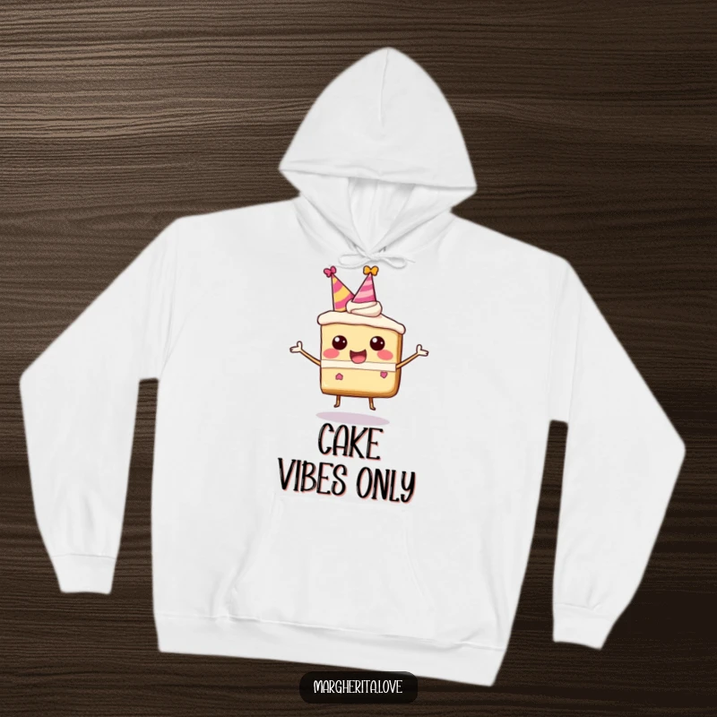 Funny hoodie showcasing a happy, bouncing cake slice wearing a party hat, exuding fun.