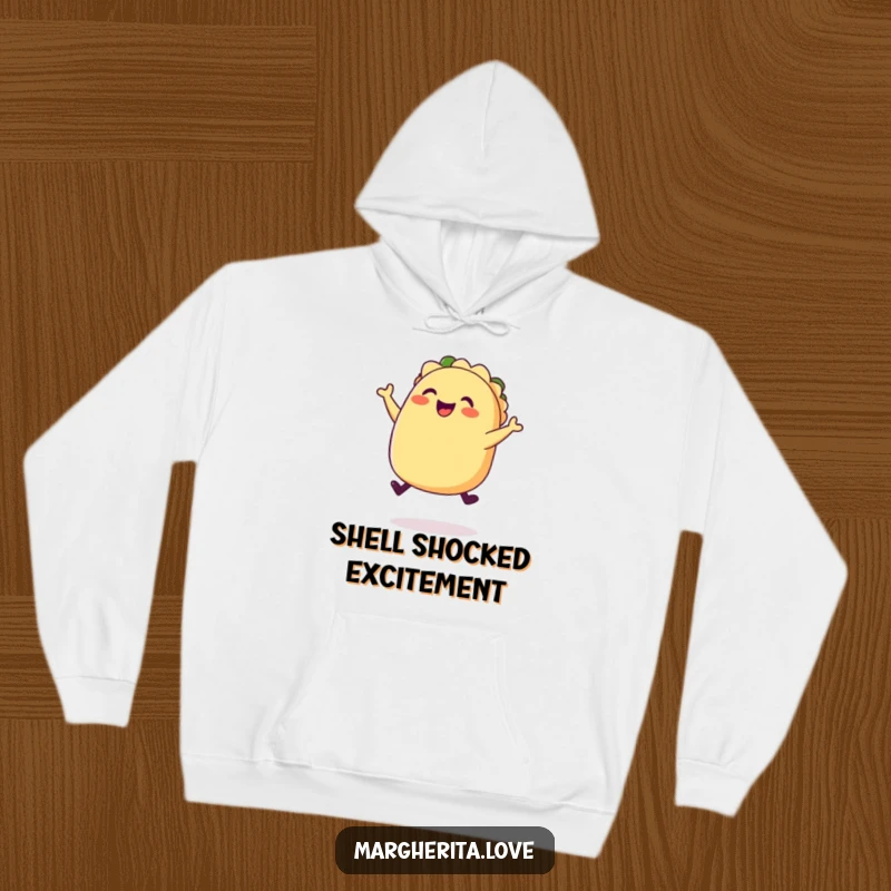 Funny happy taco jump hoodie, featuring a plump, joyful taco character mid-jump, perfect for cozy, festive moments.