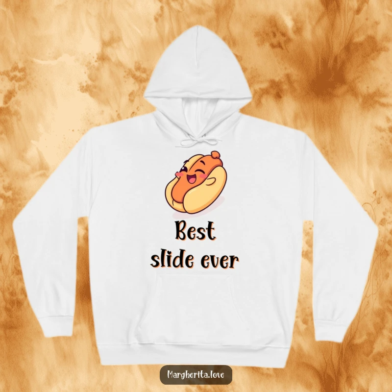 Funny hoodie: A hot dog with a playful wink slides down a bun like a playground, a humorous and cozy design.