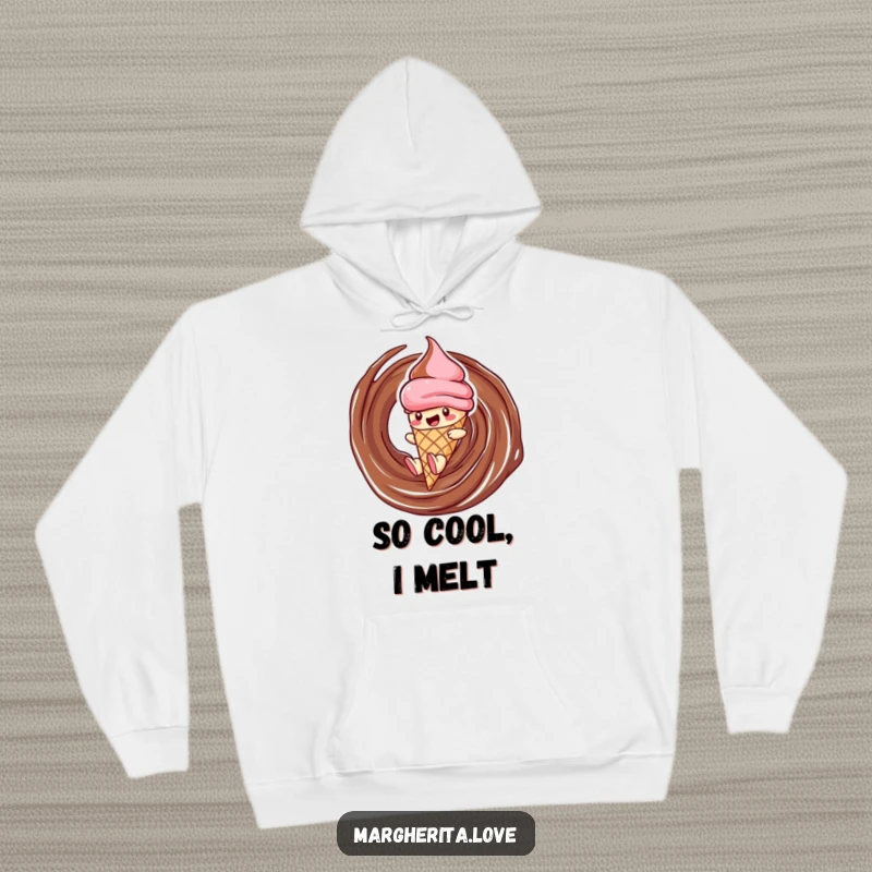 Funny ice cream hoodie featuring a delighted cone character sliding down a chocolate swirl, offering warmth and a playful vibe.
