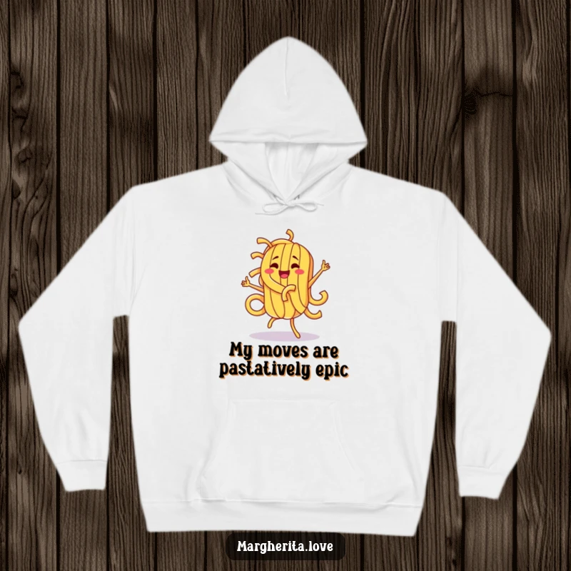 Funny pasta character lost in a joyful, silly dance, featured on a warm hoodie for maximum comfort and humor.
