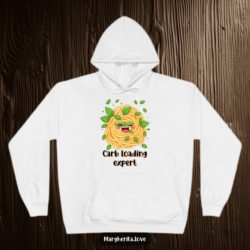 Funny hoodie depicting a gleeful pasta swirl artfully juggling aromatic basil leaves, a cozy and comical wearable.