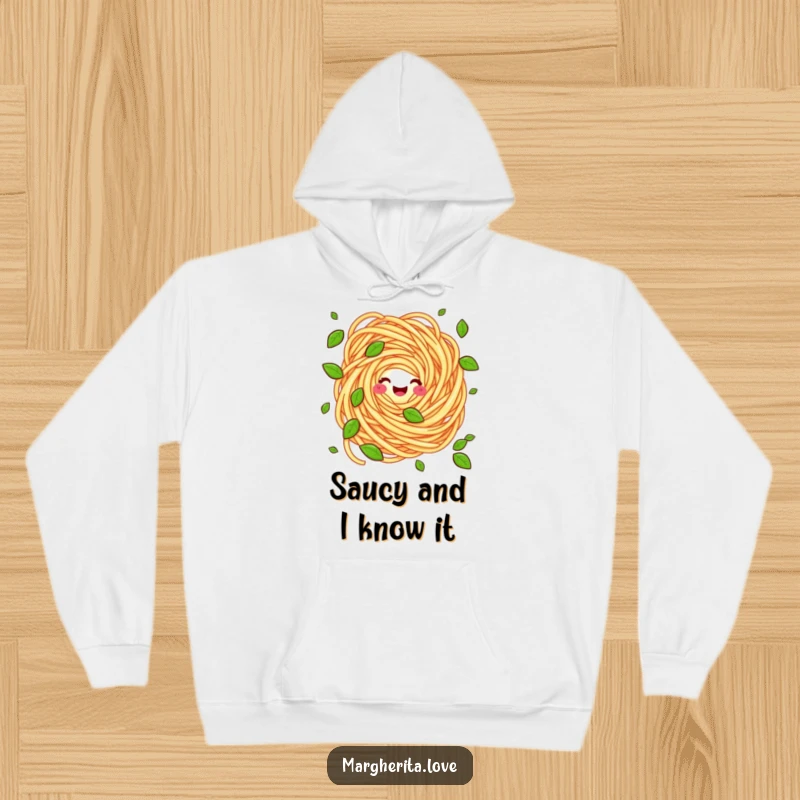 Funny hoodie depicting a cheerful pasta swirl character juggling vibrant green basil leaves, offering warmth and a good laugh.