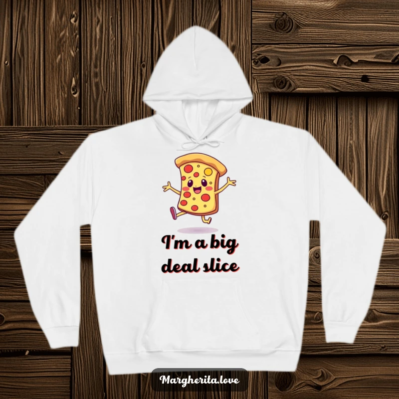 Funny hoodie depicting a cheerful pizza slice with legs, engaged in a joyful, energetic dance, spreading good vibes.