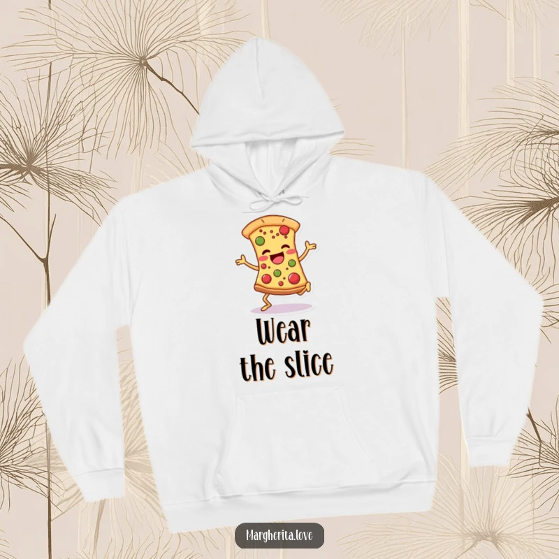 Funny pizza slice hoodie with a dancing character, legs and toppings animated, bringing comedic energy and warmth.