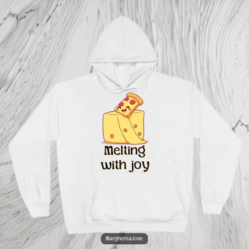 Funny pizza slice sliding down a melted cheese strand, featured on a cozy and warm hoodie.