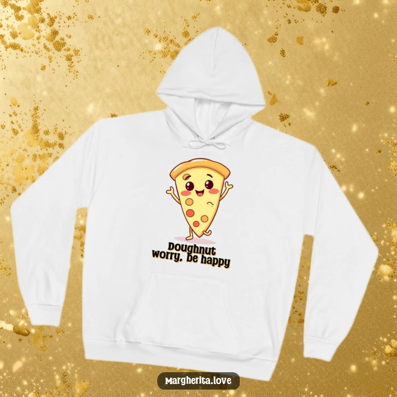 Funny pizza slice hoodie featuring a smiling, anthropomorphic pizza character in a playful dance, offering warmth and a dose of humor.