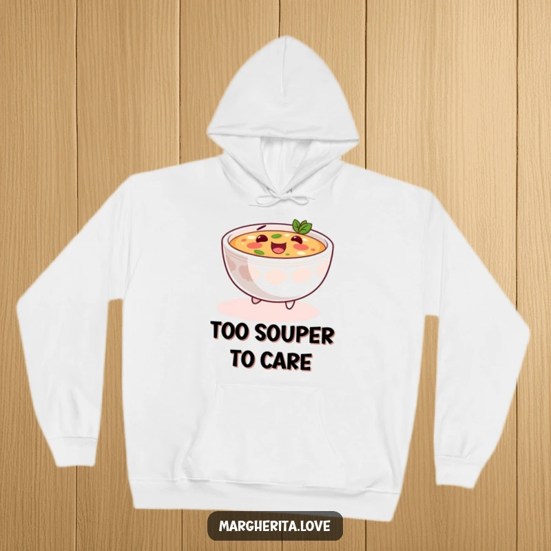Funny soup skip hoodie featuring a content bowl of soup happily skipping, offering cozy warmth and a touch of comforting humor.