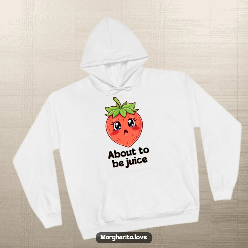 Funny hoodie featuring a shocked, wide-eyed strawberry character expressing comical panic and humor.
