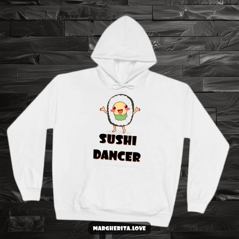 Funny hoodie showcasing a happy sushi roll doing a lively dance, offering a cozy and amusing vibe.