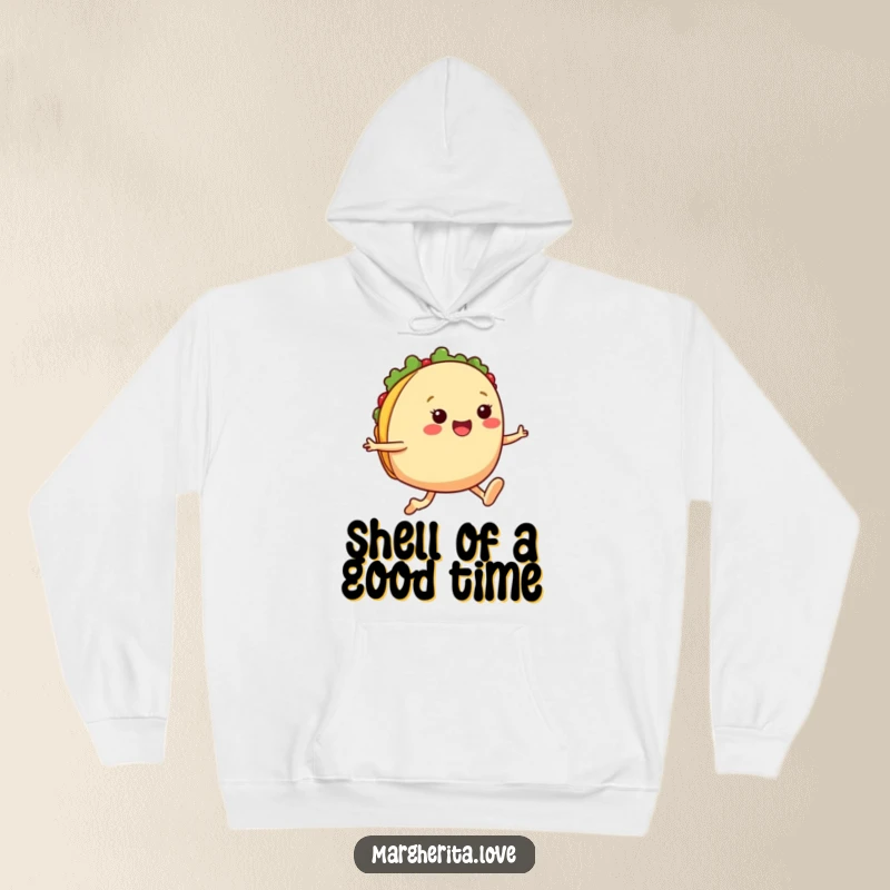 Funny taco jump hoodie featuring a cheerful anthropomorphic taco with legs in a dynamic jump, perfect for cozying up with a smile.